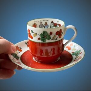 Vintage Porsgrund Norway porcelain demitasse cup & saucer w/ traditional motif